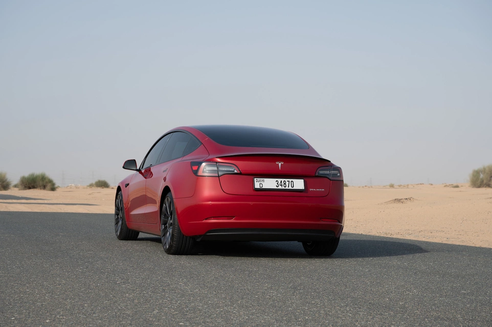 Rent a Tesla Model-3-Perfomance red, 2023 in Dubai